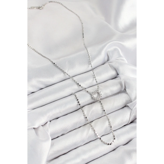 BFS Pirinç Zirkon Taşlı Ezme Zincirli Kalp Model Gümüş Renk Y Kolye