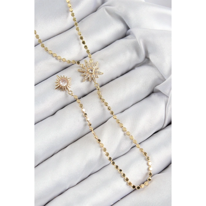 BFS Pirinç Zirkon Taşlı Ezme Zincirli Kutup Yıldızı Model Gold Renk Y Kolye