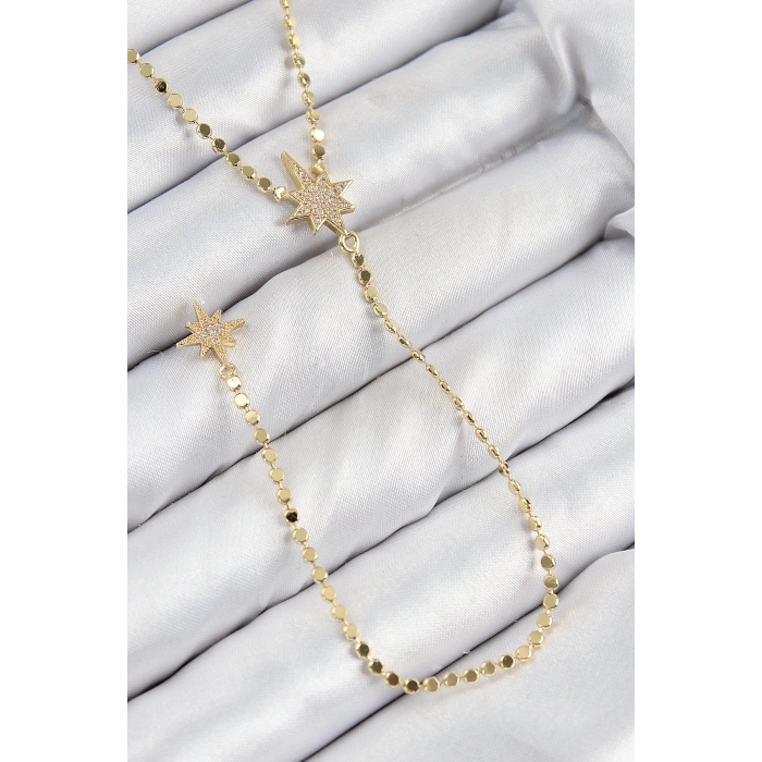 BFS Pirinç Zirkon Taşlı Ezme Zincirli Kutup Yıldızı Model Gold Renk Y Kolye