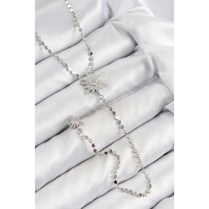 BFS Pirinç Zirkon Taşlı Ezme Zincirli Kutup Yıldızı Model Gümüş Renk Y Kolye