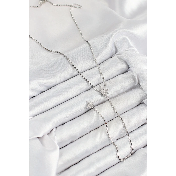 BFS Pirinç Zirkon Taşlı Ezme Zincirli Kutup Yıldızı Model Gümüş Renk Y Kolye