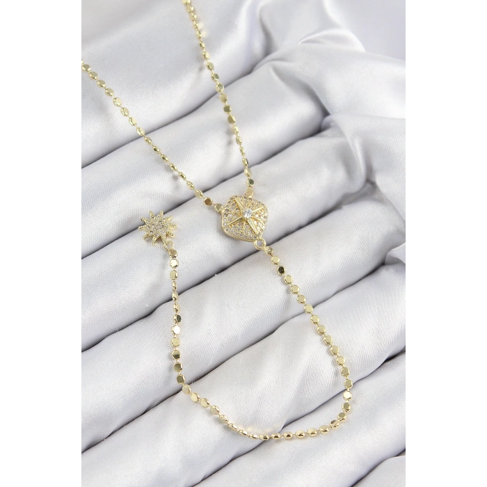BFS Pirinç Zirkon Taşlı Ezme Zincirli Madalyon Model Gold Renk Y Kolye