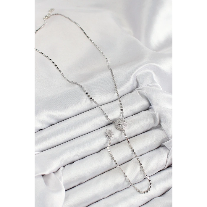 BFS Pirinç Zirkon Taşlı Ezme Zincirli Madalyon Model Gümüş Renk Y Kolye