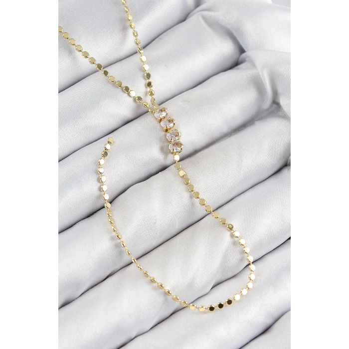 BFS Pirinç Zirkon Taşlı Ezme Zincirli Model Gold Renk Y Kolye