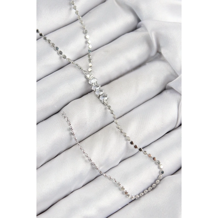 BFS Pirinç Zirkon Taşlı Ezme Zincirli Model Gümüş Renk Y Kolye