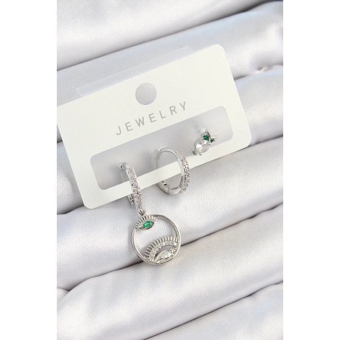 BFS Pirinç Zirkon Taşlı Göz Ve Baykuş Model Gümüş Renk 3lü Çift Kadın Küpe Set