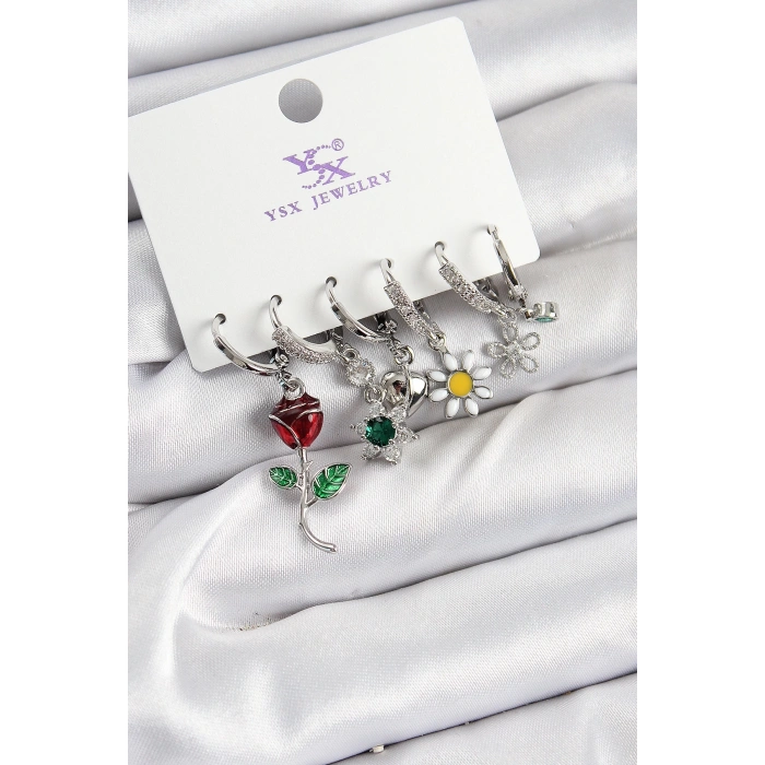 BFS Pirinç Zİrkon Taşlı Gül Ve Papatya Model Gümüş Renk 3lü Çift Kadın Küpe