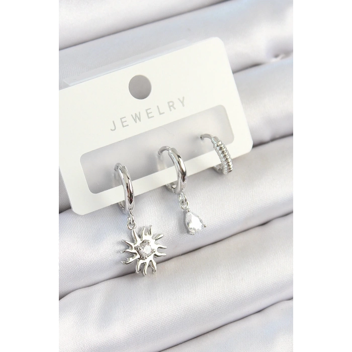 BFS Pirinç Zirkon Taşlı Güneş Model Gümüş Renk 3lü Çift Kadın Küpe Set