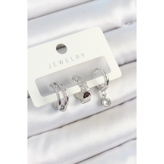 BFS Pirinç Zirkon Taşlı Halka Model Gümüş Renk 3lü Çift Kadın Küpe Set