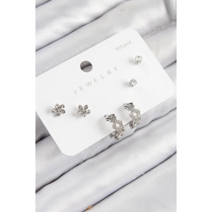 BFS Pirinç Zirkon Taşlı Halka Model Gümüş Renk 925 Ayar Gümüş Çivi Kadın Küpe Set