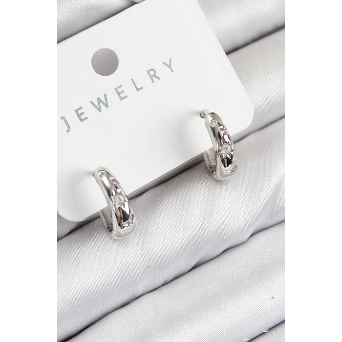 BFS Pirinç Zirkon Taşlı Halka Model Gümüş Renk Kadın Küpe