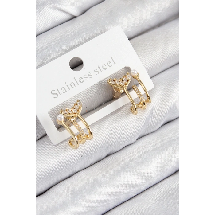 BFS Pirinç Zirkon Taşlı İnci Detaylı Balık Kuyruğu Model Gold Renk Kadın Küpe