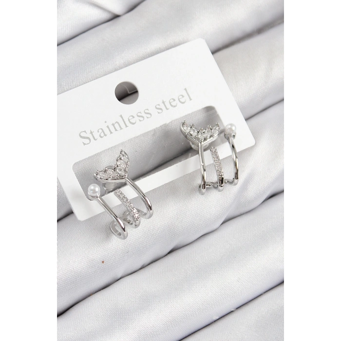 BFS Pirinç Zirkon Taşlı İnci Detaylı Balık Kuyruğu Model Gümüş Renk Kadın Küpe