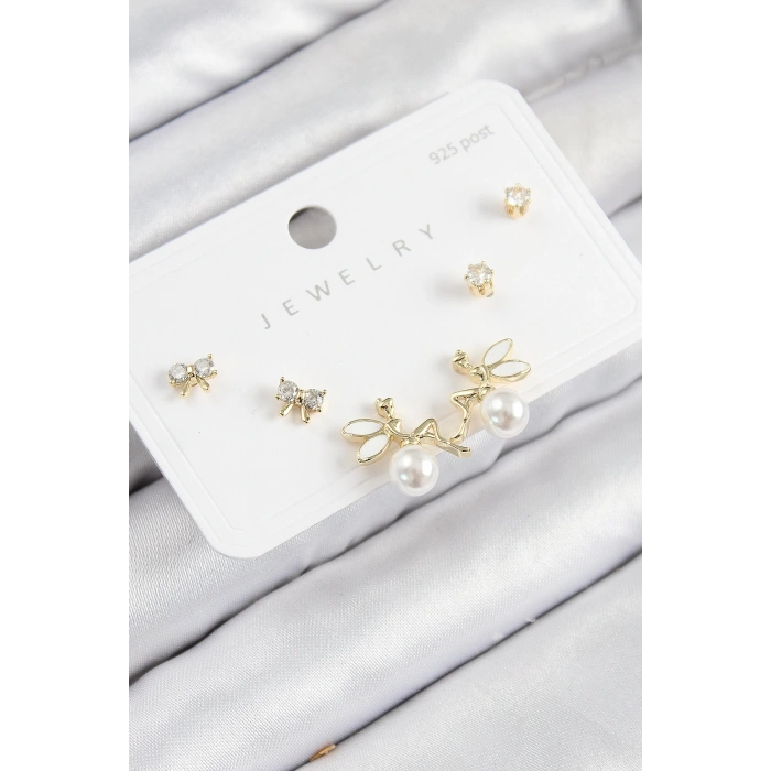 BFS Pirinç Zirkon Taşlı İnci Melek Model Gold Renk 925 Ayar Gümüş Çivi Kadın Küpe Set