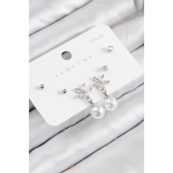 BFS Pirinç Zirkon Taşlı İnci Sallantılı Çiçek Model Gümüş Renk 925 Ayar Gümüş Çivi Kadın Küpe Set