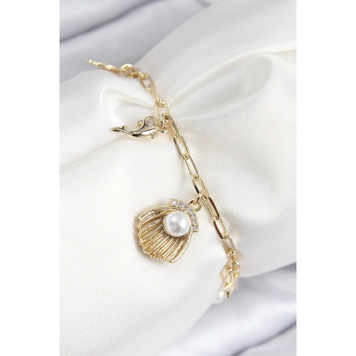 BFS Pirinç Zirkon Taşlı İncili İstiridye Model Gold Renk Kadın Bileklik