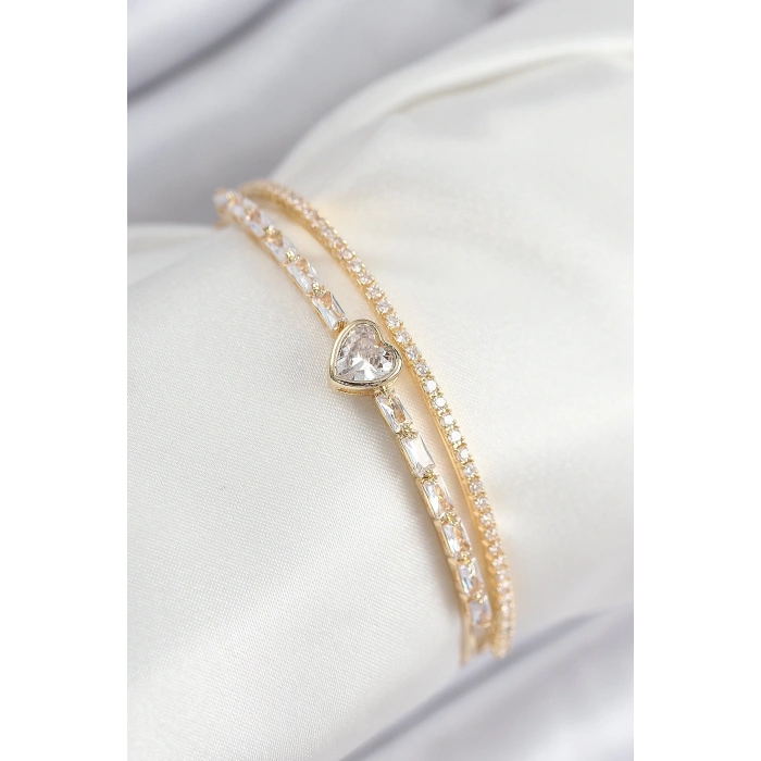 BFS Pirinç Zirkon Taşlı Kalp Model Gold Renk Kadın Bileklik