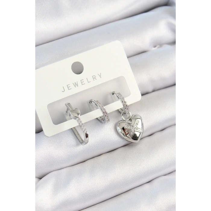 BFS Pirinç Zirkon Taşlı Kalp Model Gümüş Renk 3lü Çift Kadın Küpe Set