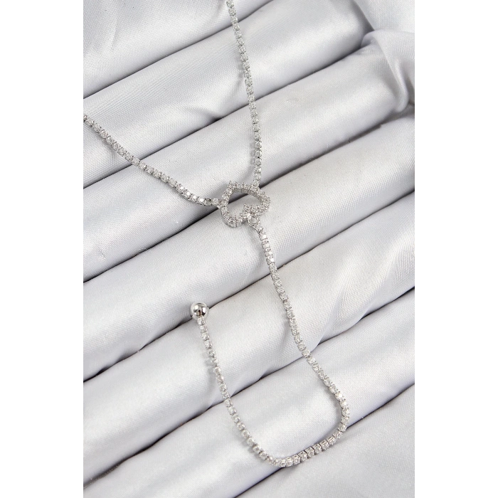 BFS Pirinç Zirkon Taşlı Kalp Model Gümüş Renk  Y Kolye