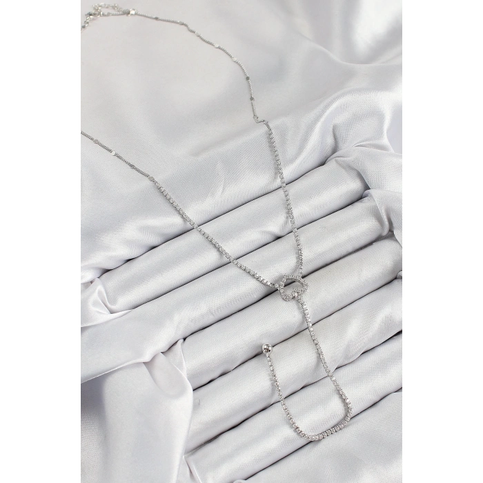 BFS Pirinç Zirkon Taşlı Kalp Model Gümüş Renk  Y Kolye