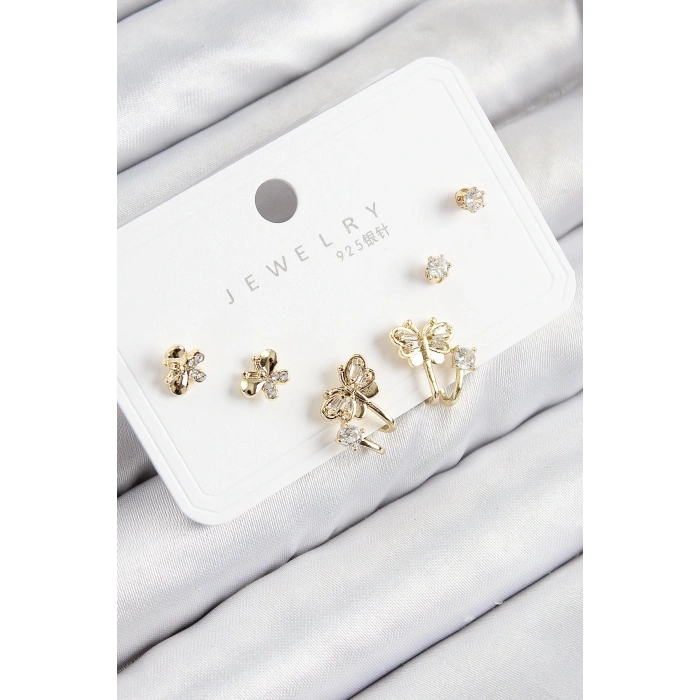 BFS Pirinç Zirkon Taşlı Kelebek Model Gold Renk 925 Ayar Gümüş Çivi Kadın Küpe Set