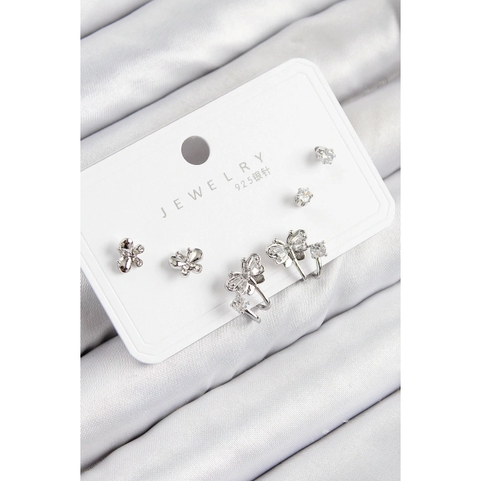 BFS Pirinç Zirkon Taşlı Kelebek Model Gümüş Renk 925 Ayar Gümüş Çivi Kadın Küpe Set