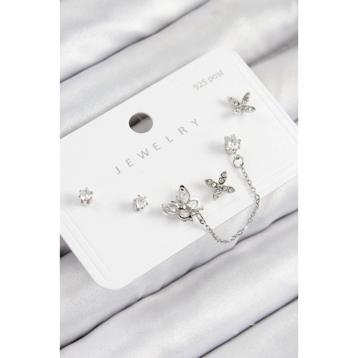 BFS Pirinç Zirkon Taşlı Kelebek Model Gümüş Renk 925 Ayar Gümüş Çivi Kadın Küpe Set