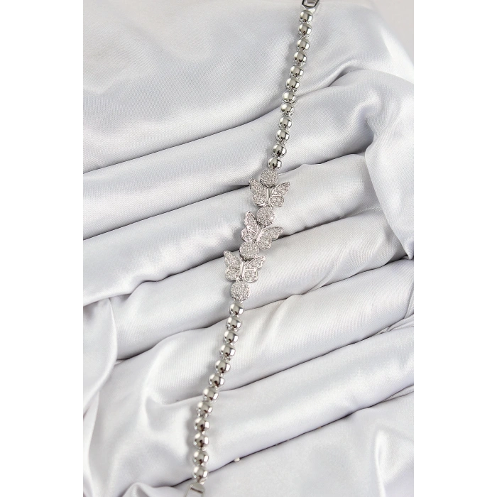 BFS Pirinç Zirkon Taşlı Kelebek Model Gümüş Renk Kadın Bileklik