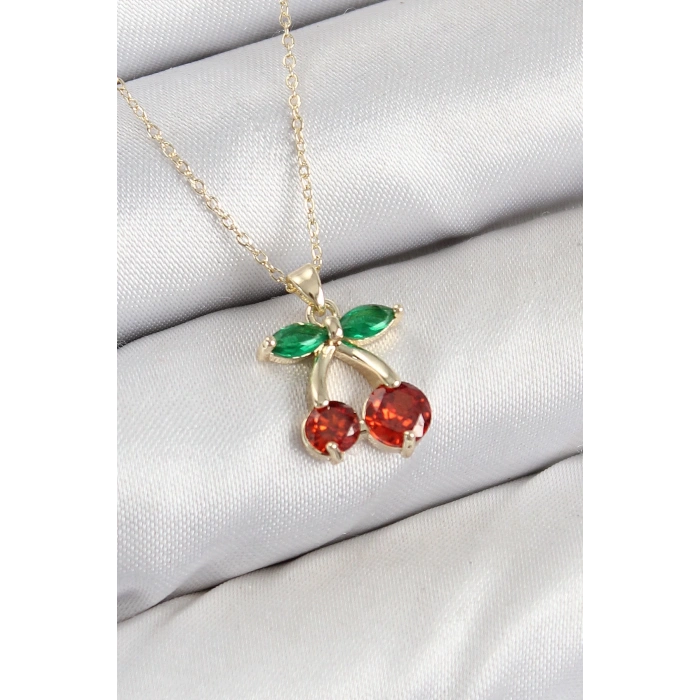 BFS Pirinç Zirkon Taşlı Kiraz Model Gold Renk Kadın Kolye