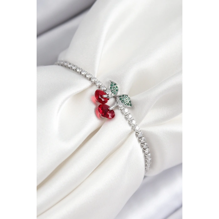 BFS Pirinç Zirkon Taşlı Kiraz Model Gümüş Renk Asansörlü Kadın Bileklik