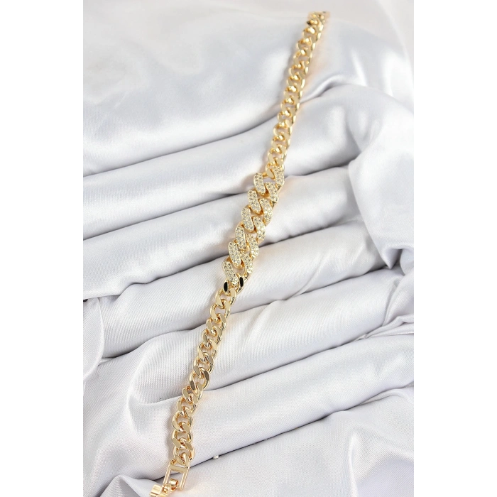 BFS Pirinç Zirkon Taşlı Küba Zincir Model Gold Renk Kadın Bileklik