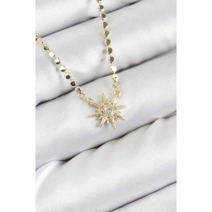 BFS Pirinç Zirkon Taşlı Kutup Yıldızı Model Ezme Zincir Gold Renk Kadın Kolye