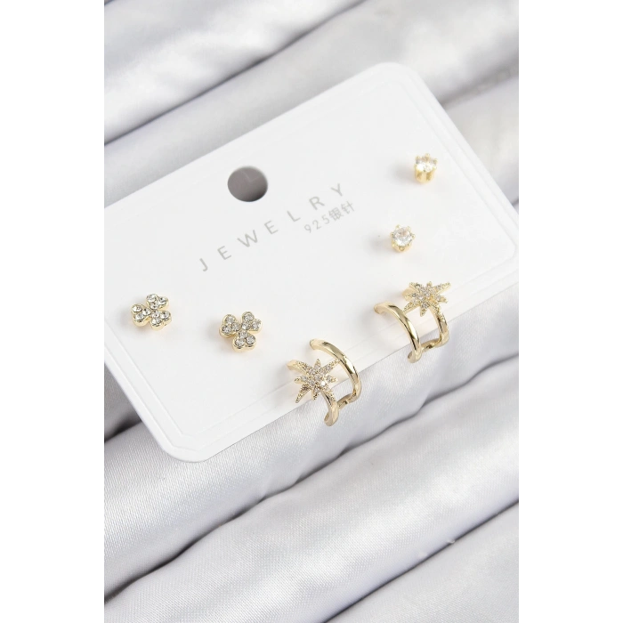 BFS Pirinç Zirkon Taşlı Kutup Yıldızı Model Gold Renk 925 Ayar Gümüş Çivi Kadın Küpe Set