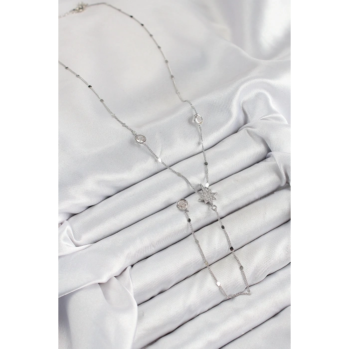 BFS Pirinç Zirkon Taşlı Kutup Yıldızı Model Gümüş Renk Y Kolye