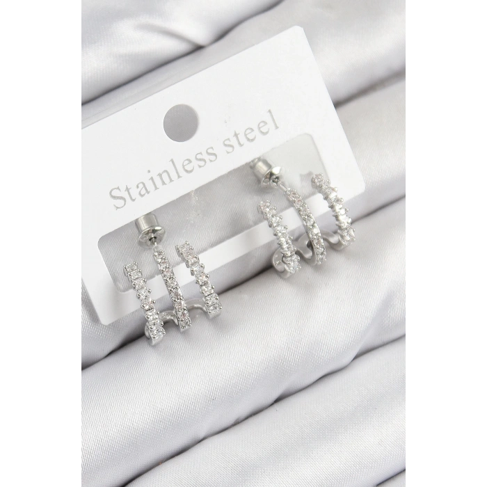 BFS Pirinç Zirkon Taşlı Model Gümüş Renk Kadın Küpe