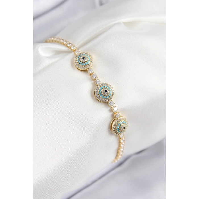 BFS Pirinç Zirkon Taşlı Nazar Model Gold Renk Kadın Bileklik