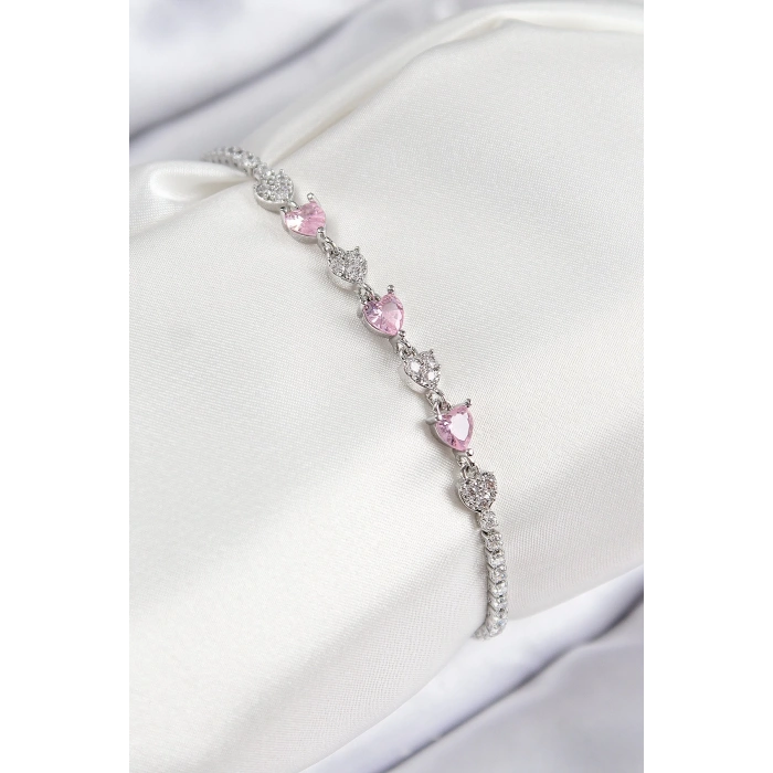 BFS Pirinç Zirkon Taşlı Pembe Kalp Model Gümüş Renk Kadın Bileklik
