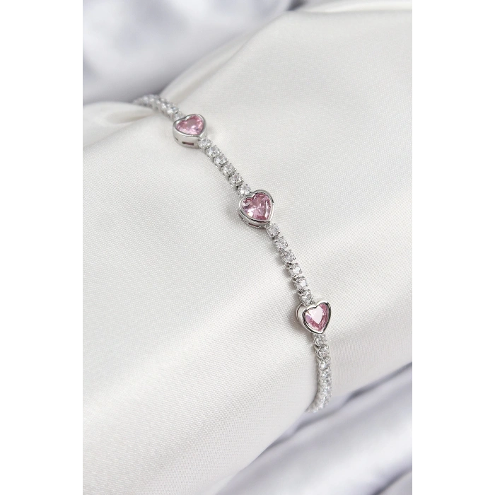BFS Pirinç Zirkon Taşlı Pembe Kalp Model Gümüş Renk Kadın Bileklik