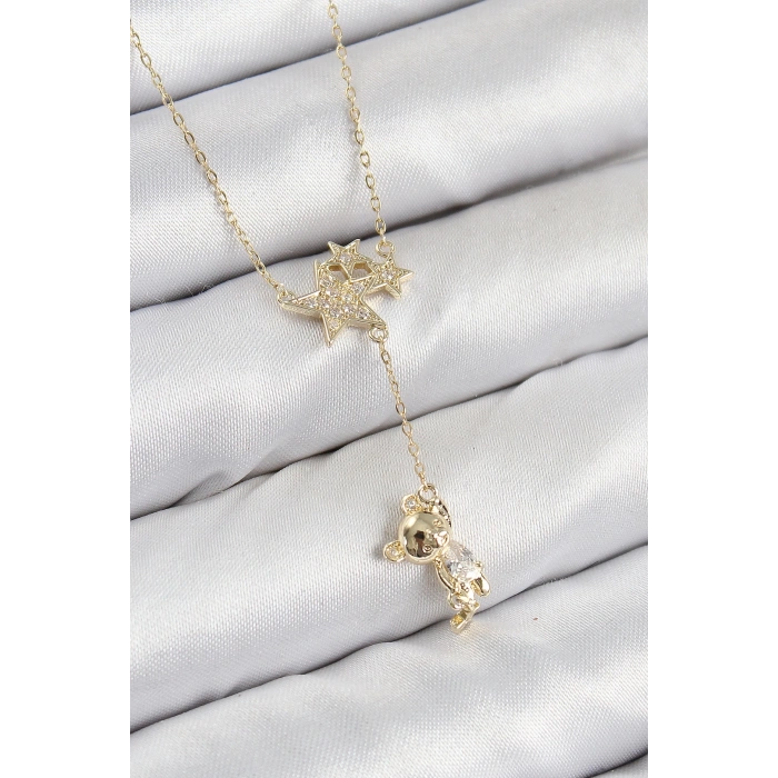 BFS Pirinç Zirkon Taşlı Sallantılı Ayıcıklı Yıldız Model Gold Renk Kadın Kolye