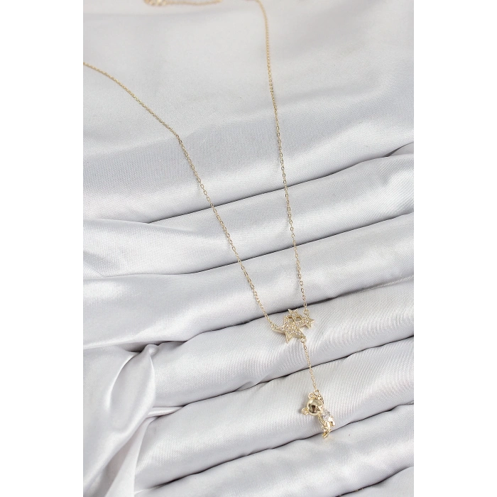 BFS Pirinç Zirkon Taşlı Sallantılı Ayıcıklı Yıldız Model Gold Renk Kadın Kolye