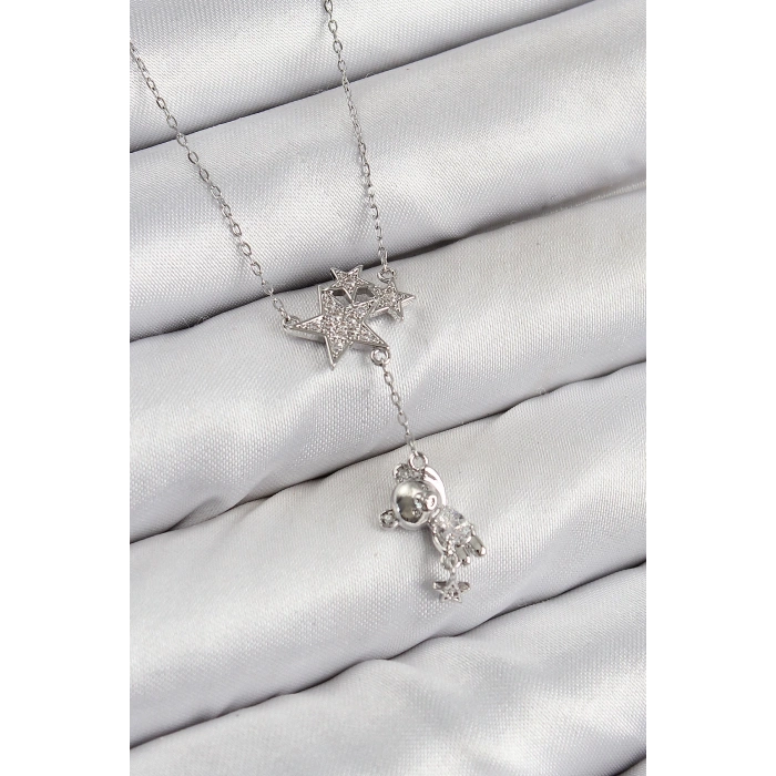 BFS Pirinç Zirkon Taşlı Sallantılı Ayıcıklı Yıldız Model Gümüş Renk Kadın Kolye