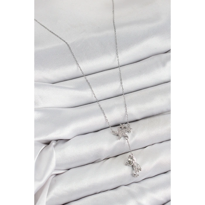 BFS Pirinç Zirkon Taşlı Sallantılı Ayıcıklı Yıldız Model Gümüş Renk Kadın Kolye