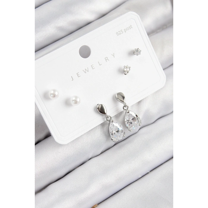 BFS Pirinç Zirkon Taşlı Sallantılı Damla Model Gümüş Renk 925 Ayar Gümüş Çivi Kadın Küpe Set