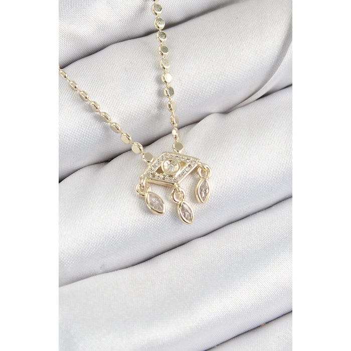 BFS Pirinç Zirkon Taşlı Sallantılı Göz Model Ezme Zincir Gold Renk Kadın Kolye