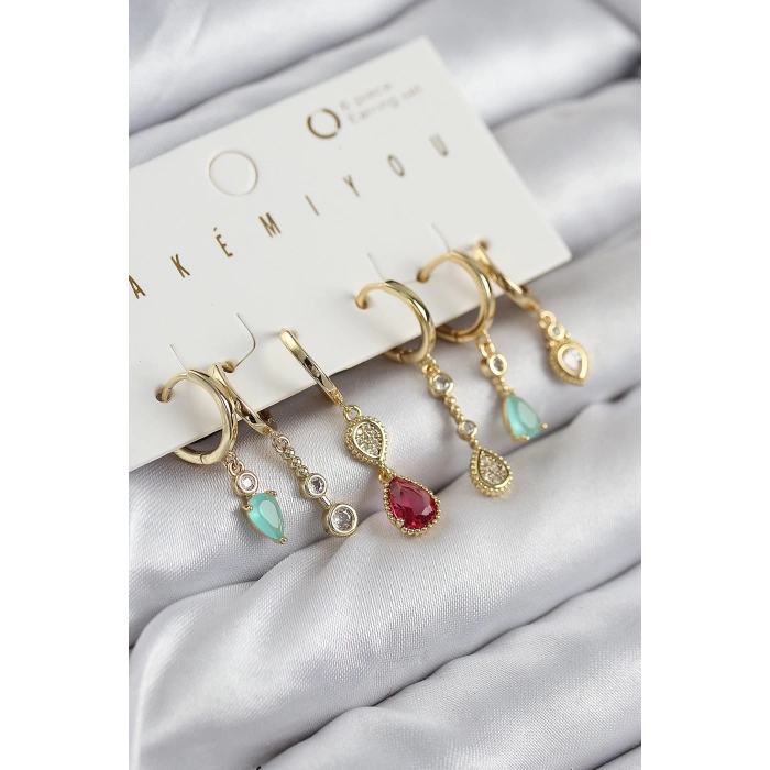 BFS Pirinç Zirkon Taşlı Sallantılı Model Gold Renk 6lı Küpe Set
