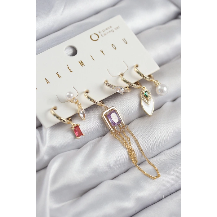 BFS Pirinç Zirkon Taşlı Sallantılı Ve İncili Gold Renk 6lı Küpe Set