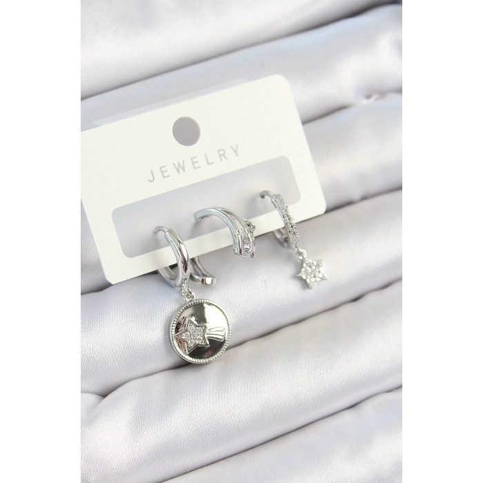 BFS Pirinç Zirkon Taşlı Sallantılı Yıldız Model Gümüş Renk 3lü Çift Kadın Küpe Set