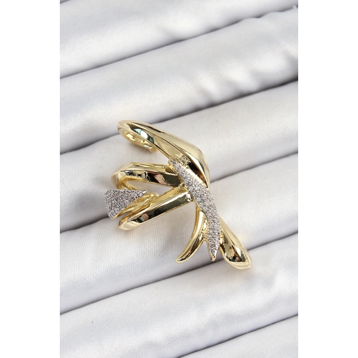 BFS Pirinç Zirkon Taşlı Sıkıştırma Sağ Kıkırdak Gold Renk Kadın Küpe