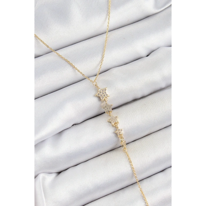 BFS Pirinç Zirkon Taşlı Sıralı Yıldız Figürlü Y Model Gold Renk Kadın Kolye