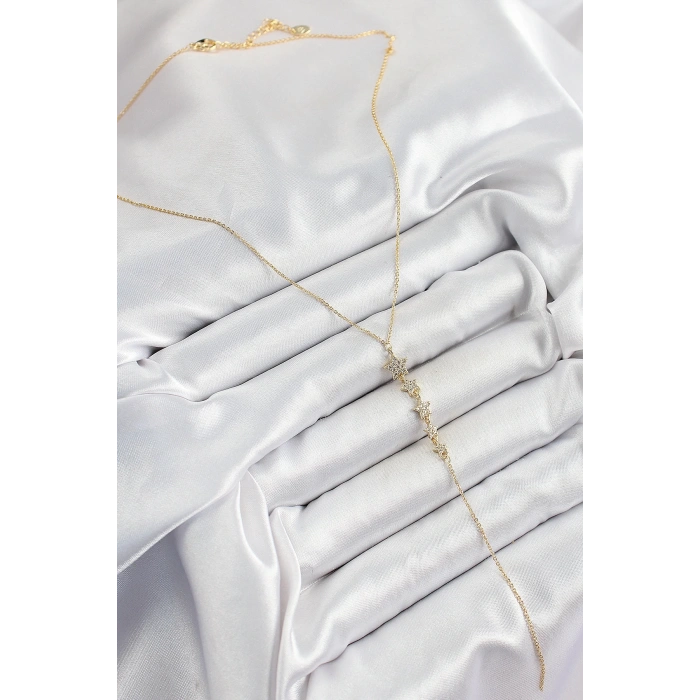 BFS Pirinç Zirkon Taşlı Sıralı Yıldız Figürlü Y Model Gold Renk Kadın Kolye